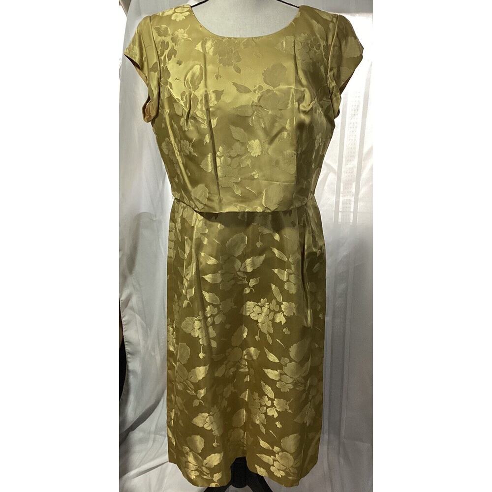 Vintage 50s Hand Sewn Two-Piece Gold Floral Pattern Wiggle Dress W/ Belt & Hat
